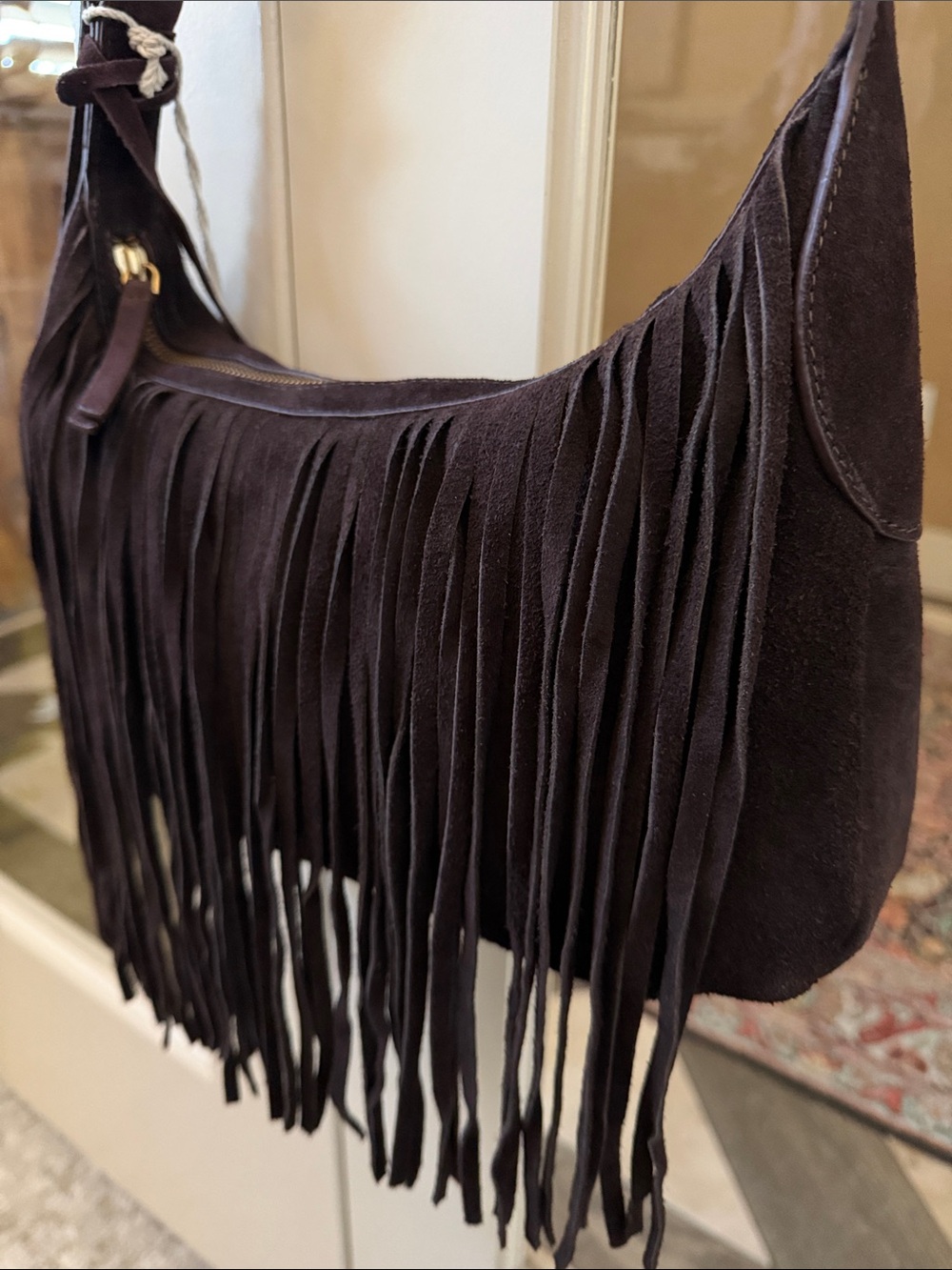 Haute Hippie Dark Brown Suede Fringe Shoulder Hobo Bag Boho Festival Western - Picture 5 of 8